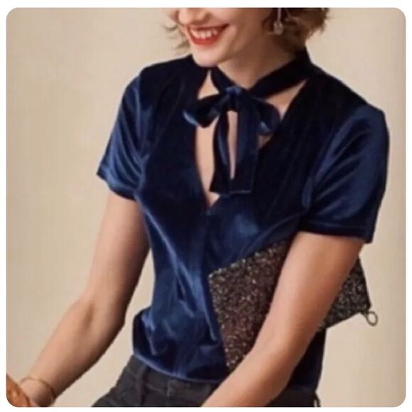 Madewell Soft Blue Velvet Top with Necktie- Size Medium - Picture 1 of 4